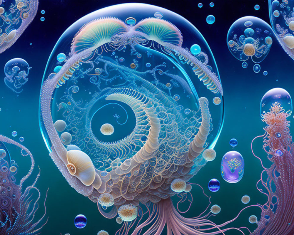 Ethereal jellyfish-like creatures in luminous underwater scene