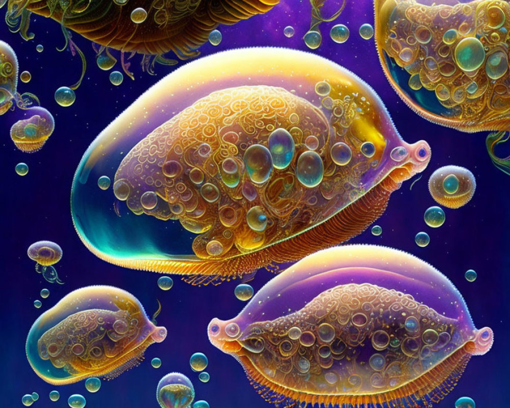 Vibrant surreal artwork of jellyfish-like creatures in intricate underwater scene