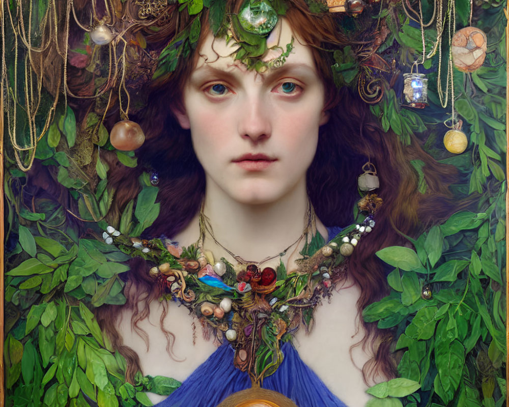 Woman in nature-themed headdress, intricate jewelry, and blue garment surrounded by foliage