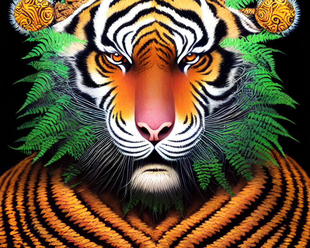 Colorful digital artwork: Tiger's face with fern and snail patterns on black background