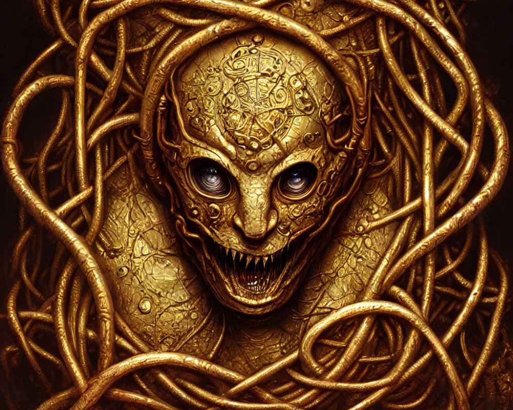 Fantasy art: Golden-skinned creature with intricate face patterns and blue eyes, surrounded by serp