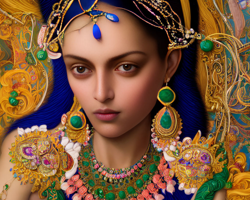 Digital artwork featuring woman adorned with gold jewelry and colorful beads against ornate backdrop