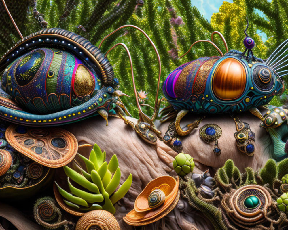 Colorful Ornate Snail Creatures in Vibrant Fantasy Garden