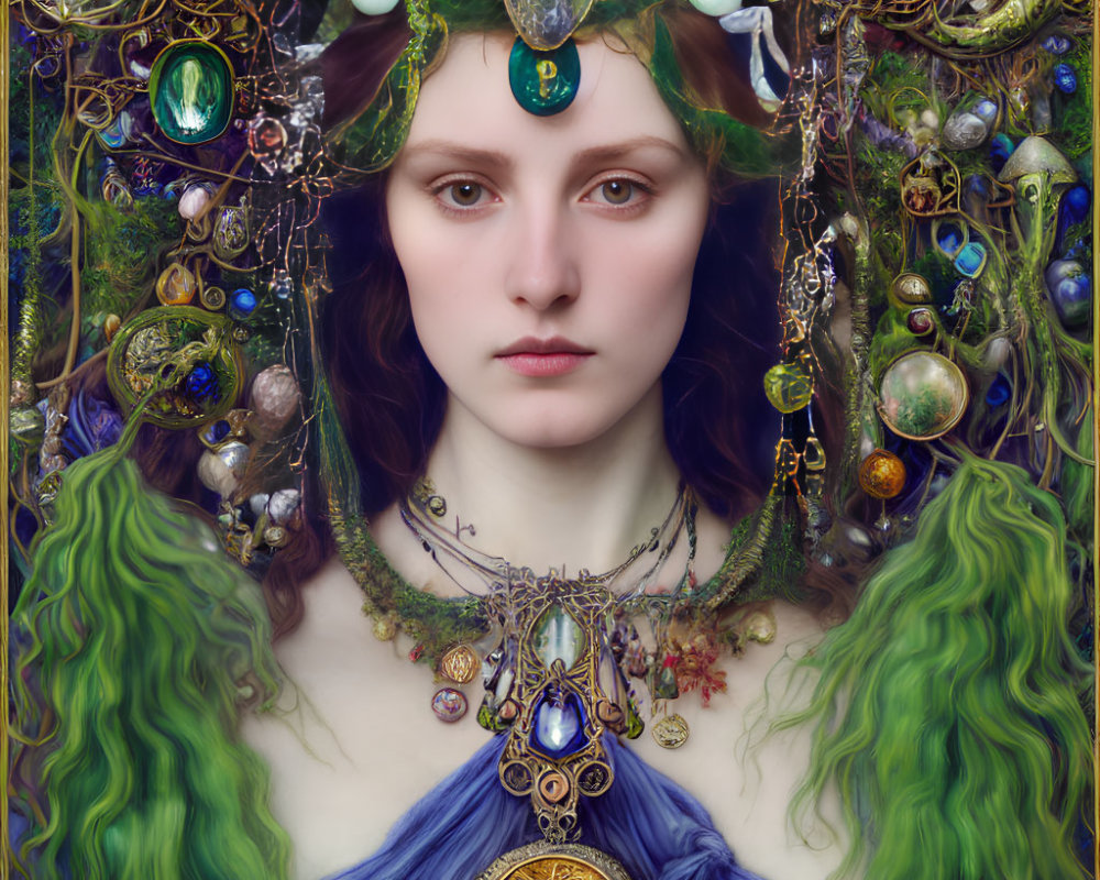 Mystical woman with green hair and gem-encrusted jewelry and crown