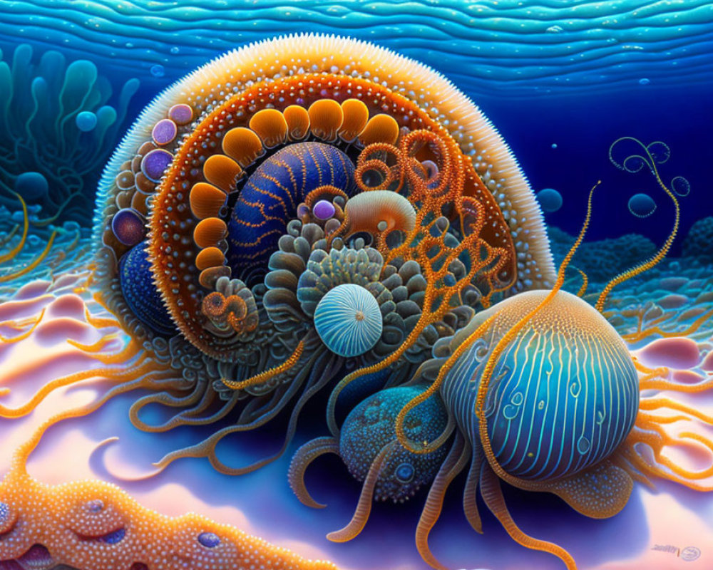 Colorful surreal marine life digital artwork in orange and blue hues