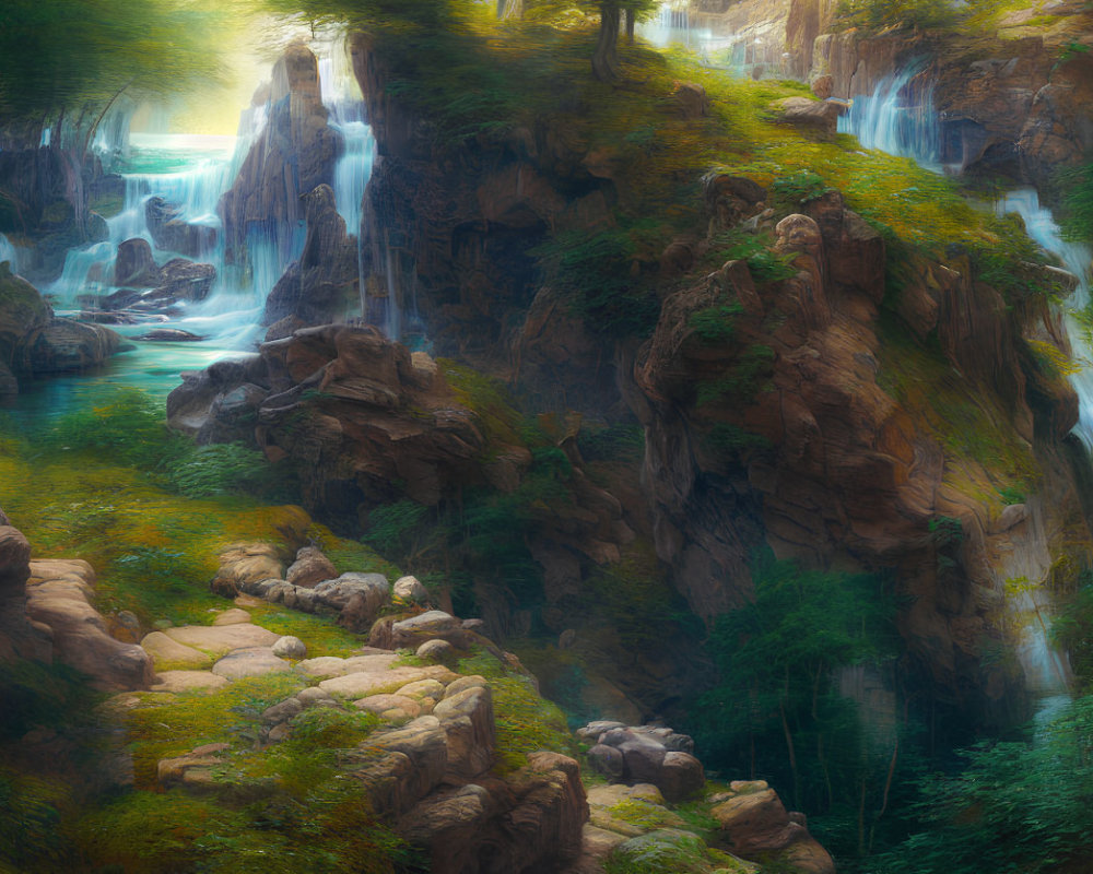 Lush forest scene with cascading waterfalls and soft light