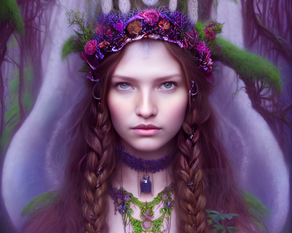 Portrait of young woman with braided hair and floral crown in mystical forest