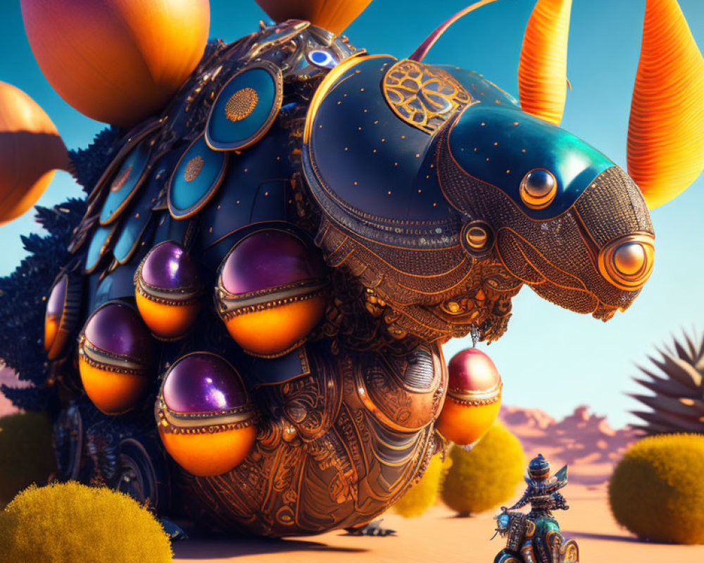 Giant Turtle with Cosmic Shell and Motorcycle Rider in Desert