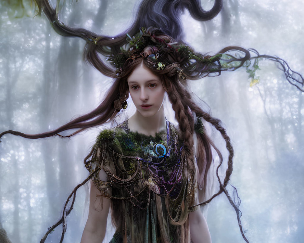 Fantasy portrait of a woman with elaborate hair and jewels in misty forest.