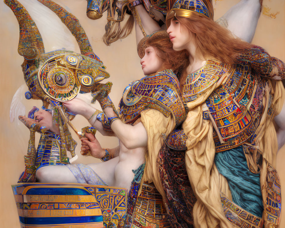 Digital Artwork: Egyptian-themed figures with ram-horned fantasy creature