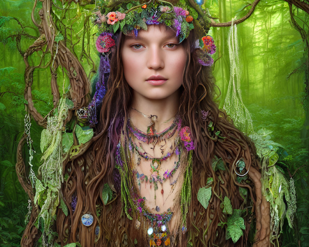 Colorful Floral Headpiece Woman in Ethereal Forest Nymph Aesthetic