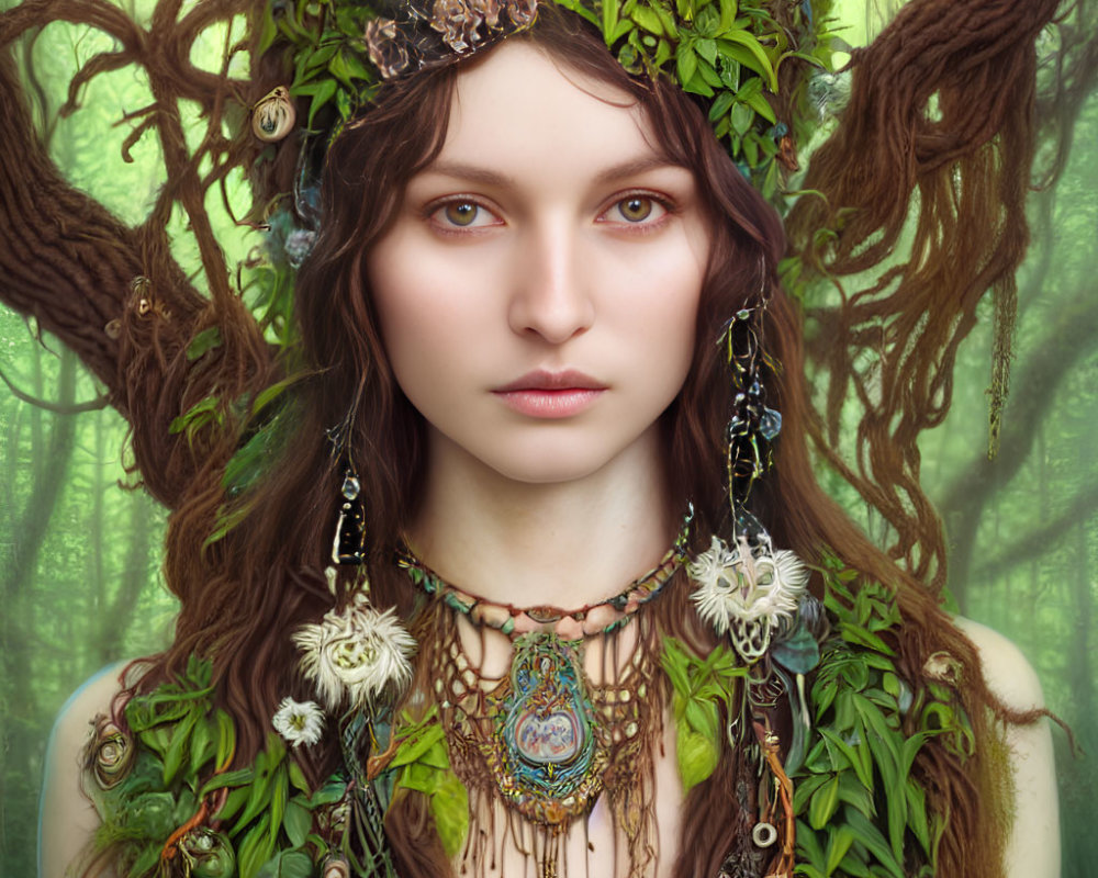 Woman portrait with forest spirit theme, leafy garland, intricate jewelry, and mystical woodland backdrop