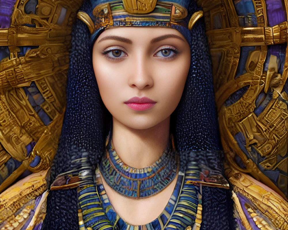 Digital Artwork: Woman as Egyptian Pharaoh with Ornate Headdress