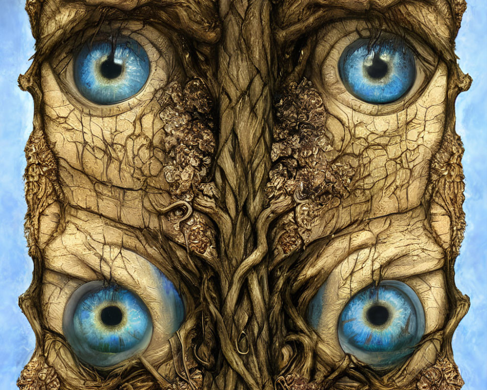 Surreal illustration of tree trunk with four human eyes, intricate textures