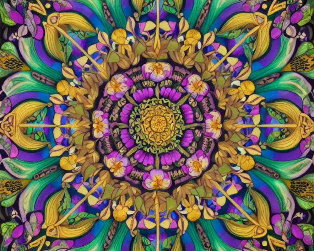 Symmetrical kaleidoscopic floral mandala in purple, yellow, and green.