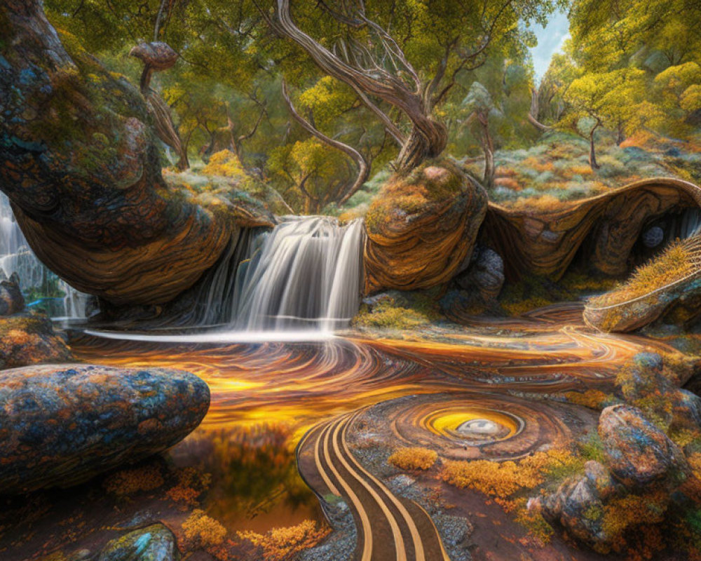 Surreal landscape with waterfall, twisted trees, swirling patterns, and entwined stairway