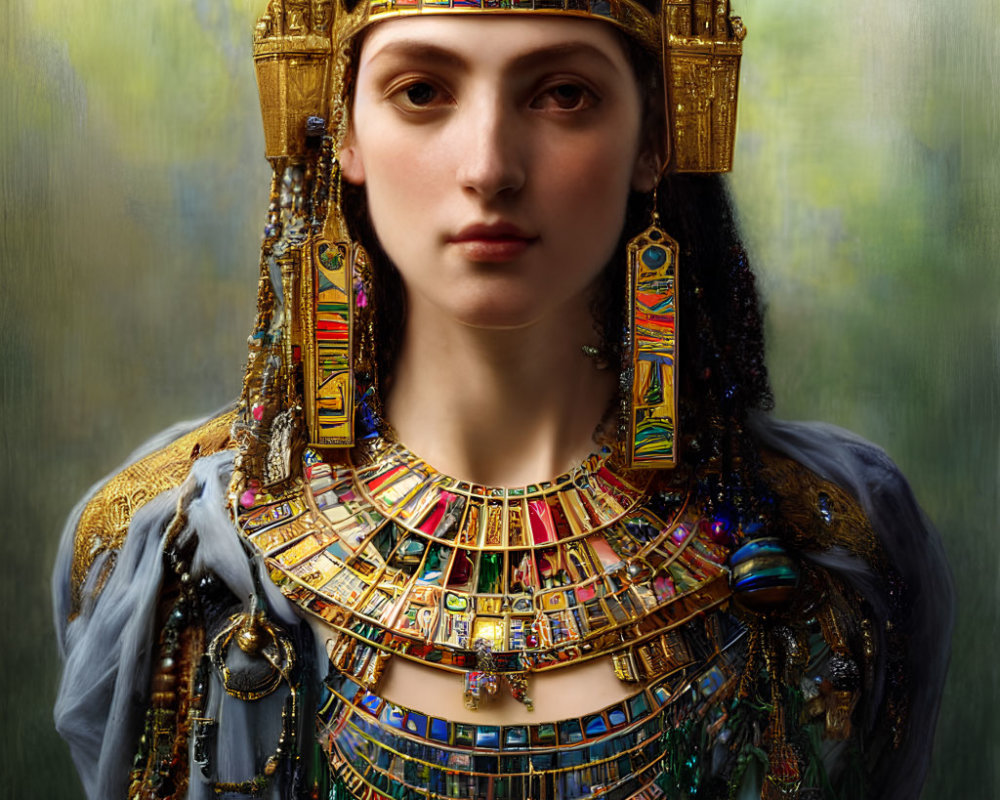 Person wearing elaborate Egyptian-style jewelry: headpiece, necklace, shoulder pieces