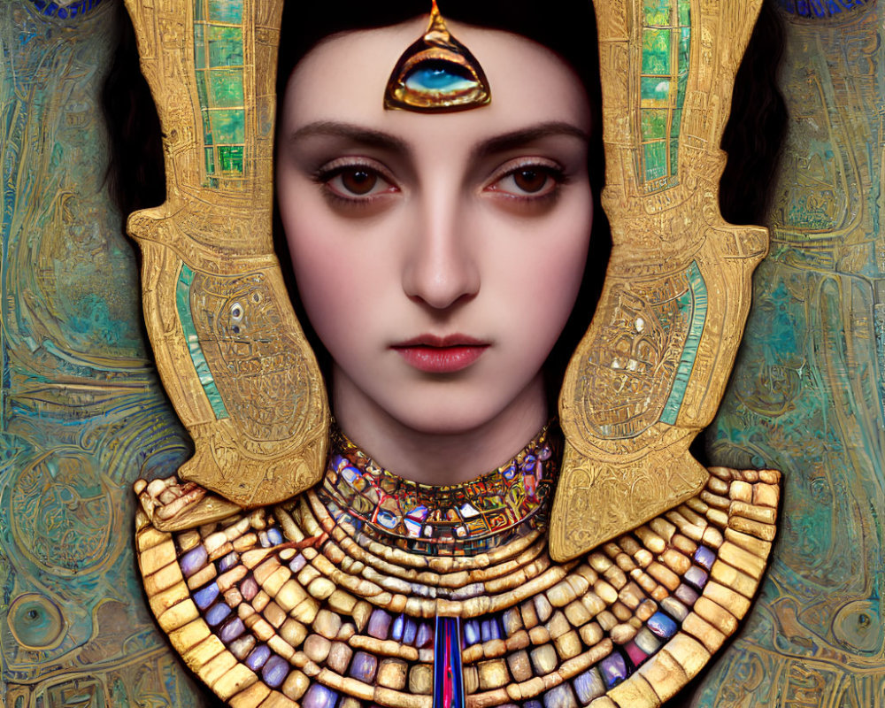 Egyptian pharaoh-style female with elaborate headdress and hieroglyphic background.