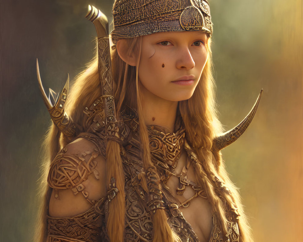 Fantasy female warrior in intricate armor and horned helmet against glowing backdrop