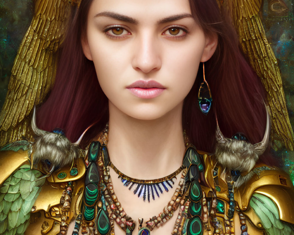 Regal Woman in Golden Headdress and Winged Armor