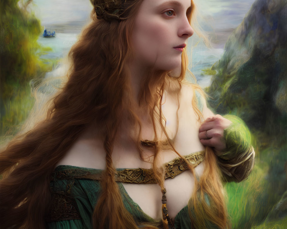 Red-haired woman in medieval attire with horned helmet gazing into the distance