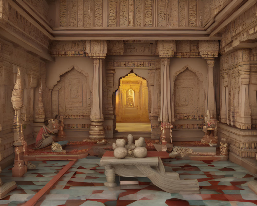 Intricate Hindu temple interior with golden sanctum door & deity statues