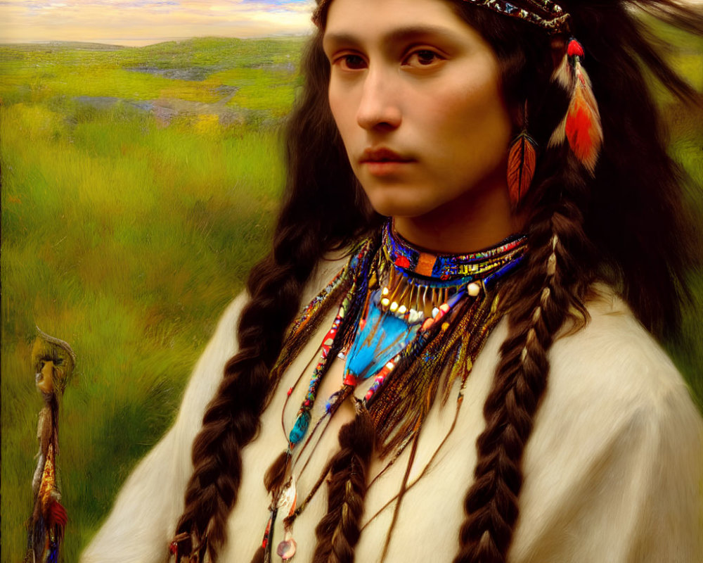 Native American headdress with braided hair, beads, and feathers in pastoral landscape