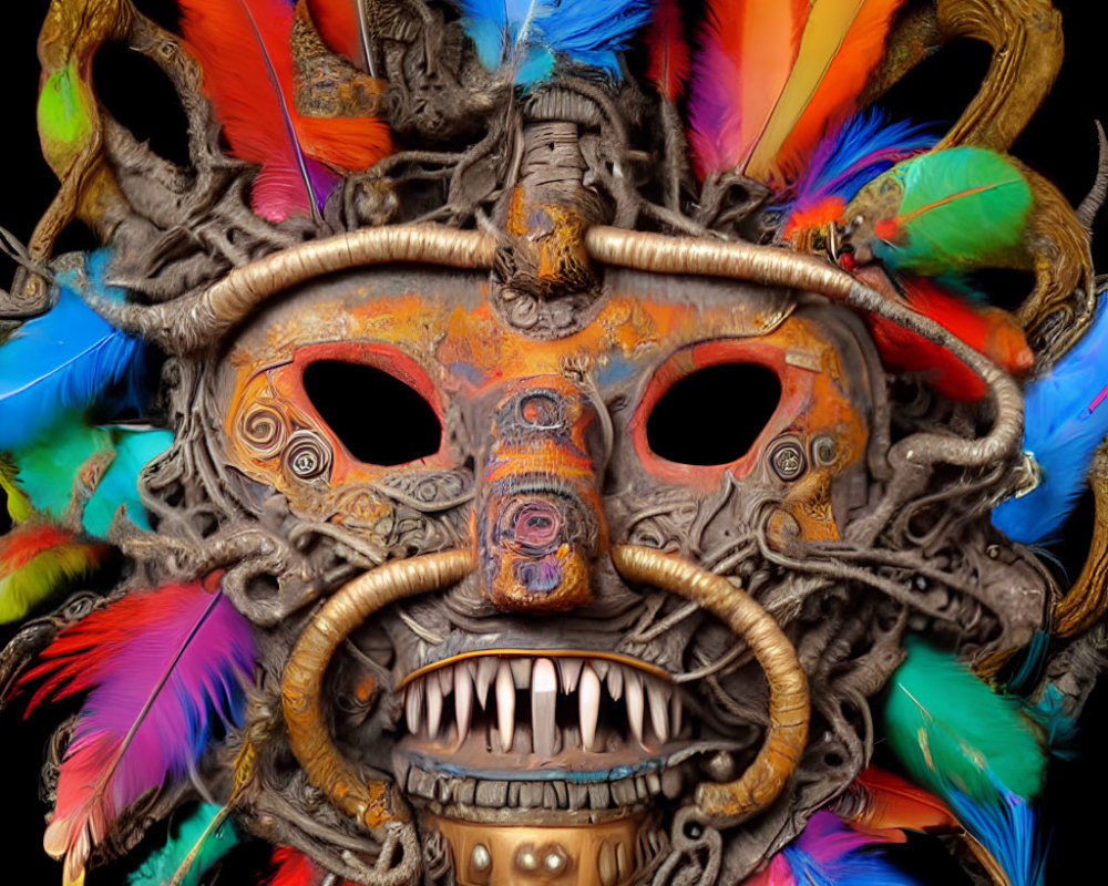 Colorful Feathered Mask with Fearsome Face and Horns