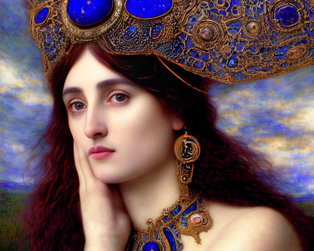 Portrait of Woman with Auburn Hair and Gold & Blue Jewelry