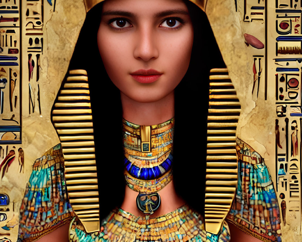 Ancient Egyptian woman with headdress, necklace, and traditional garb against hieroglyphics