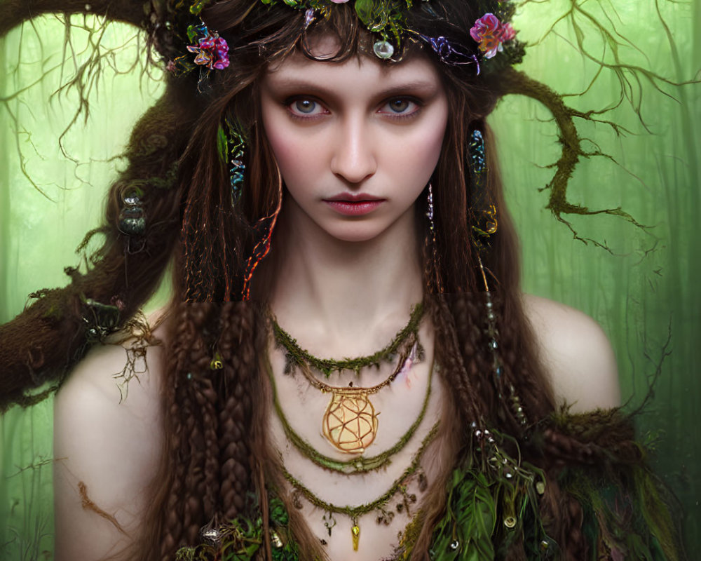 Mystical woman with floral crown in enchanted forest