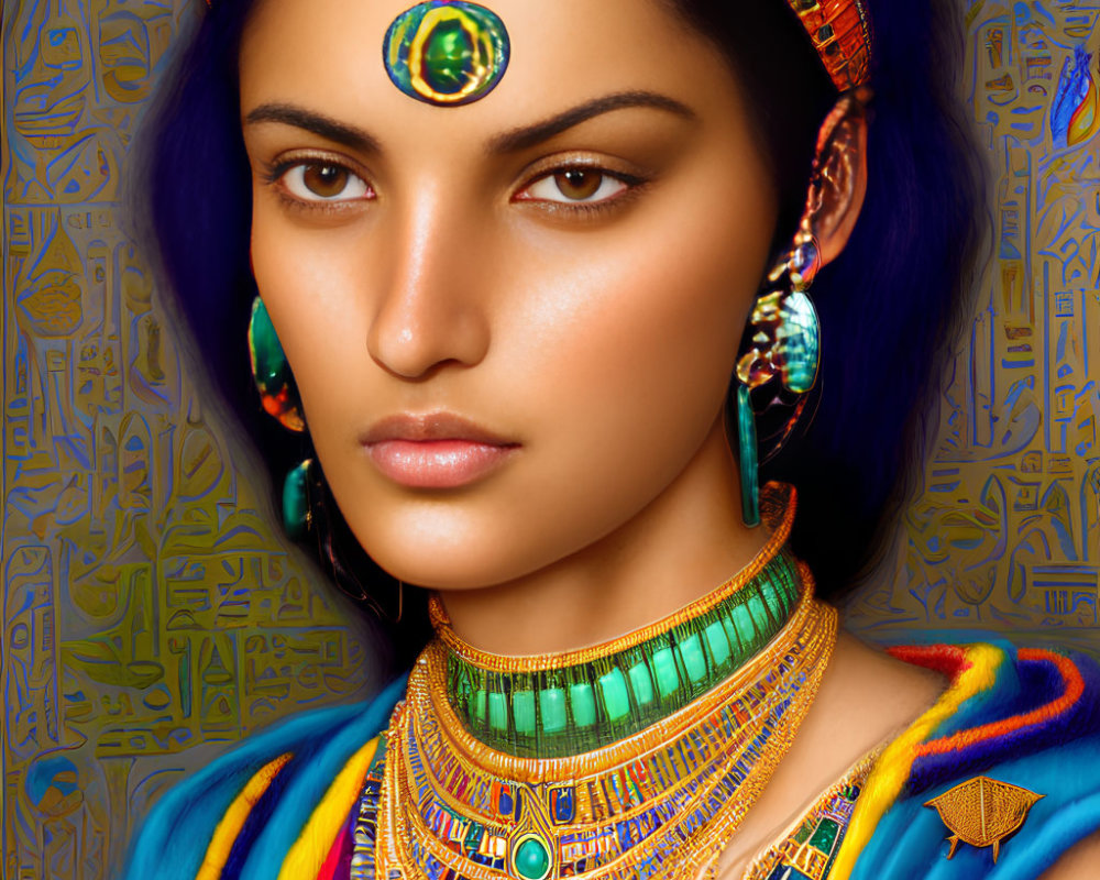 Digital art portrait of a woman as Egyptian pharaoh with gold jewelry and hieroglyphic patterns