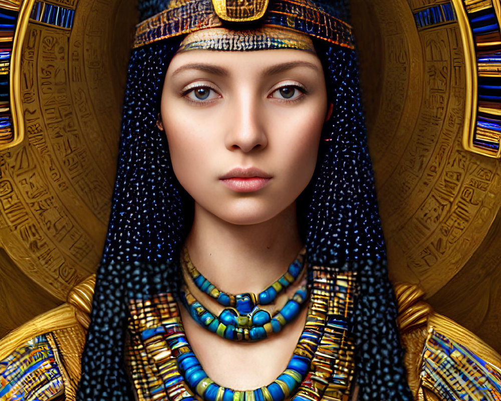 Digital artwork featuring person in Ancient Egyptian attire against hieroglyphic backdrop