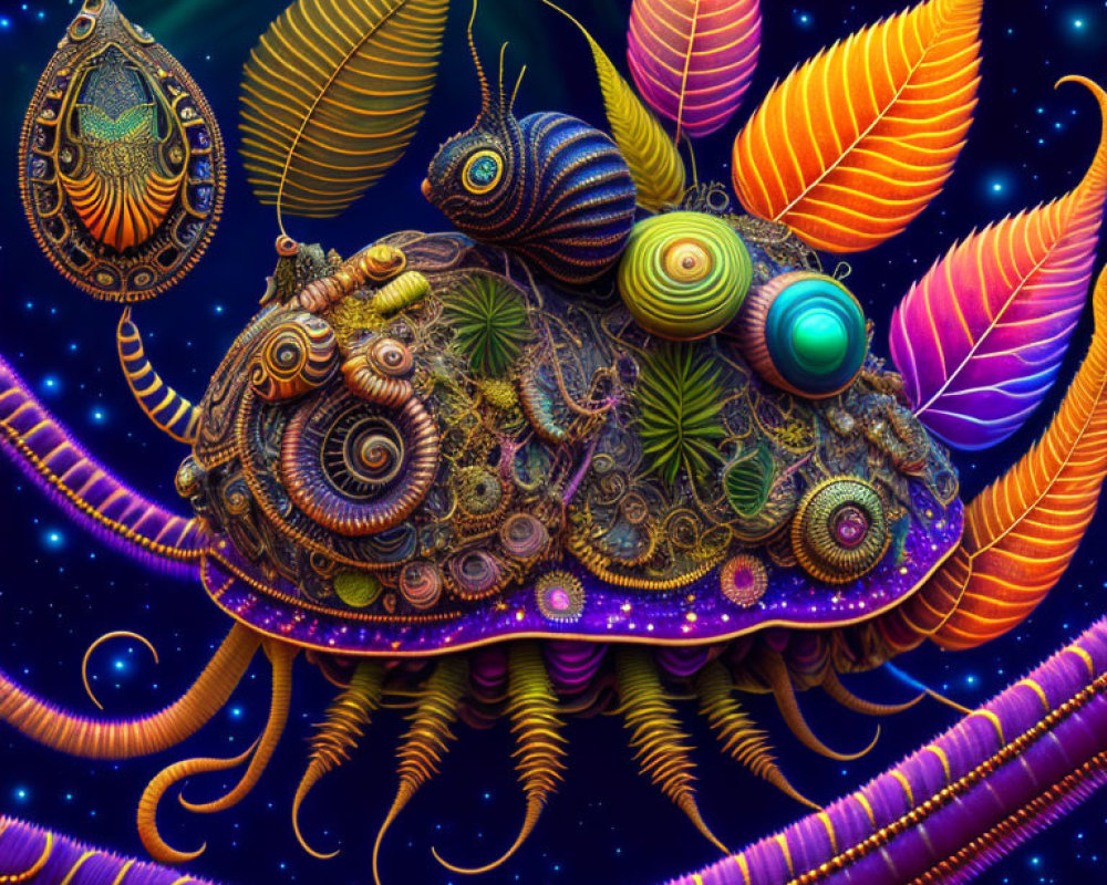 Colorful Snail Artwork with Elaborate Patterns and Feather-Like Extensions