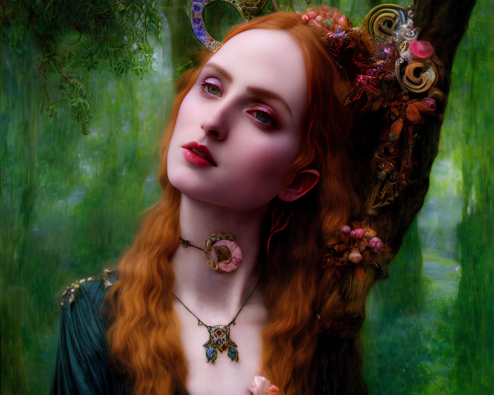 Portrait of Woman with Red Hair and Elf-like Ears in Mystical Forest