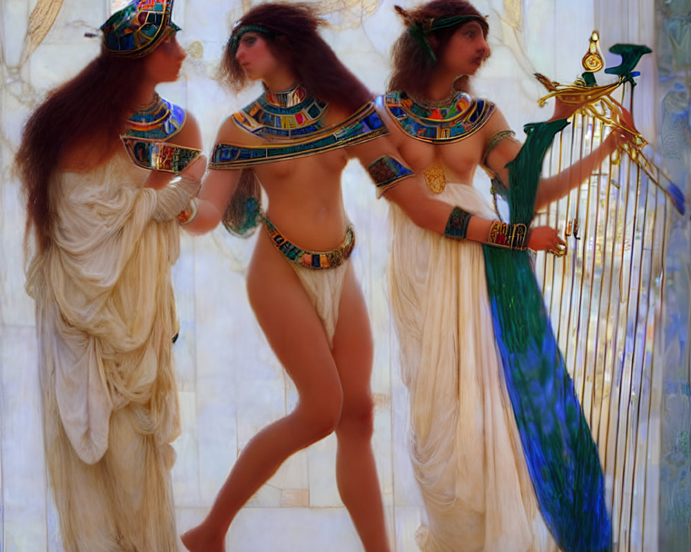 Three individuals in Ancient Egyptian attire pose with a golden harp against a luminescent backdrop