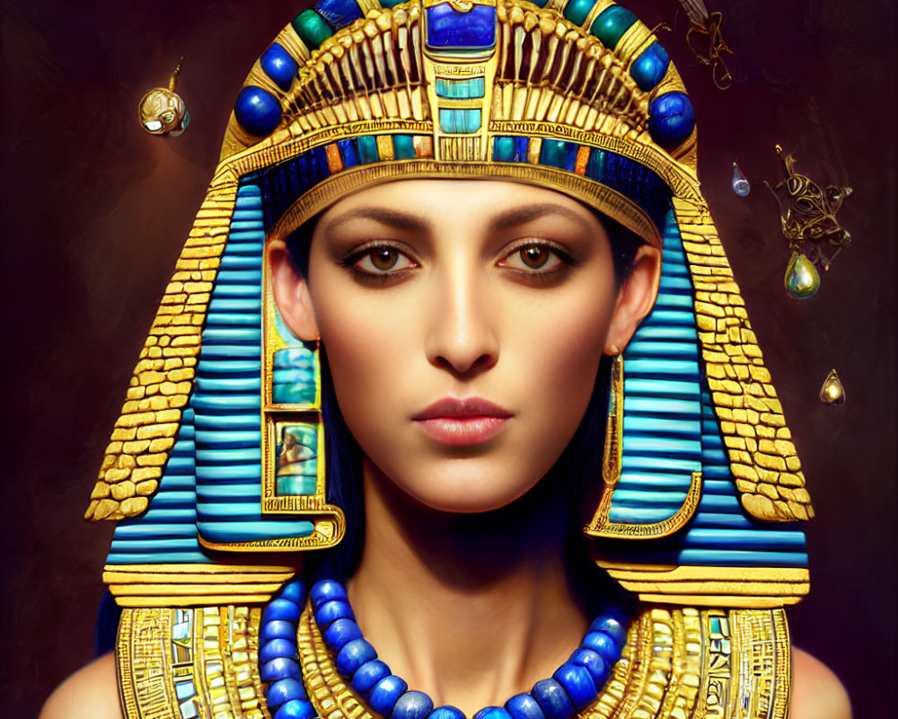 Ancient Egyptian Pharaoh Woman Artwork with Gold and Lapis Lazuli Collar