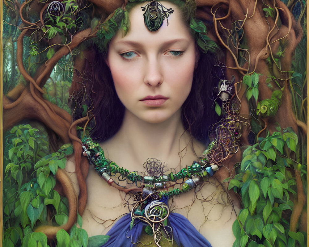 Nature personification with vine-like hair in blue garment among forest.