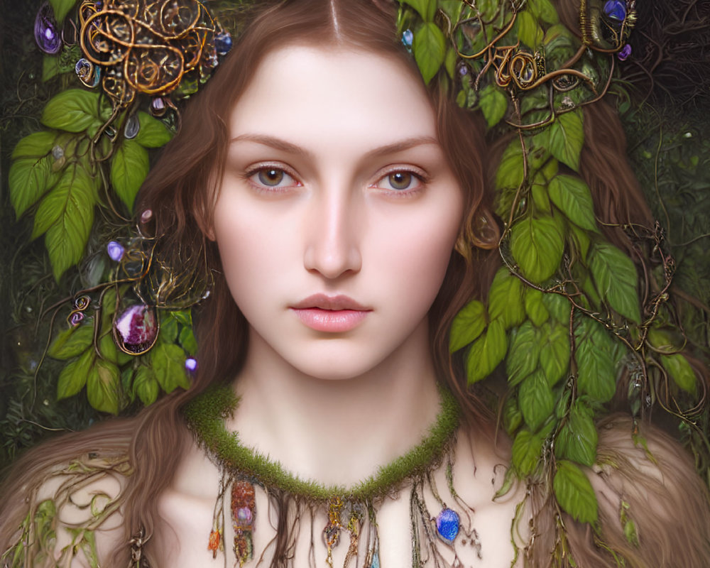 Portrait of woman with mystical aura, golden headpieces, lush greenery, gemstone pendants