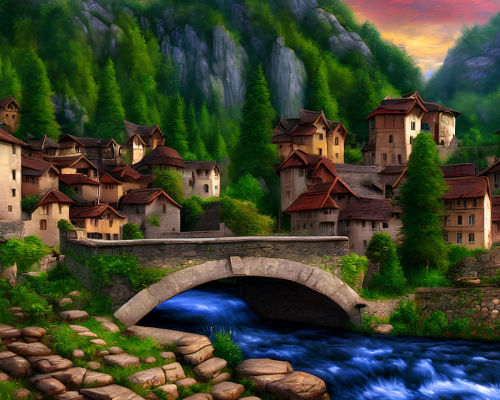 Medieval village with stone houses, arched bridge, river, cliffs, and lush greenery at