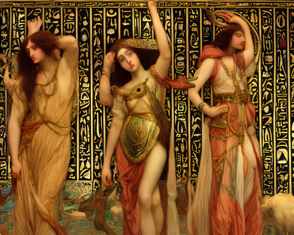 Three Women in Classical Dresses Standing Before Ornate Golden Background