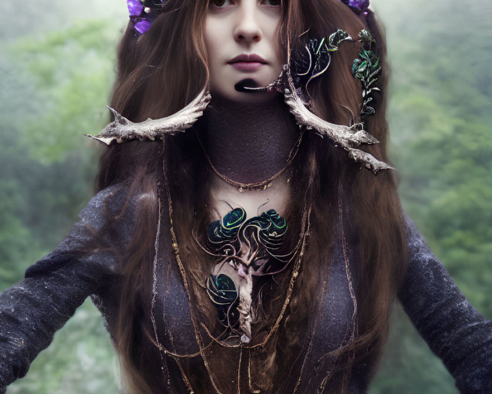 Woman in mystical forest with floral crown and antler jewelry gazes at viewer