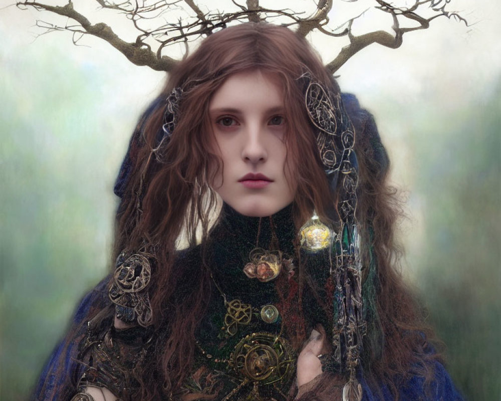 Mystical woman with tree branches and golden ornaments in dark cloak