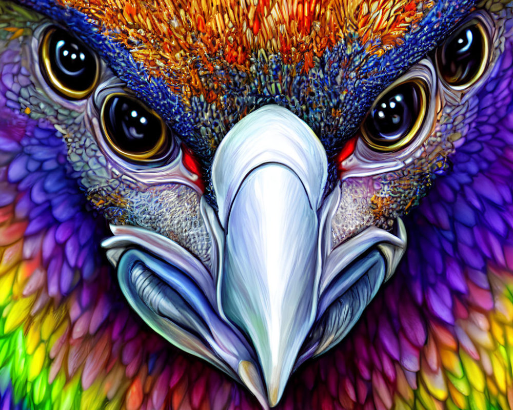 Colorful bird face illustration with vibrant feathers and detailed eyes