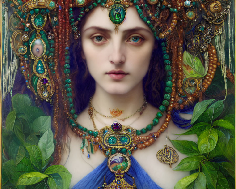 Portrait of woman with elaborate jewelry and third eye, surrounded by lush greenery