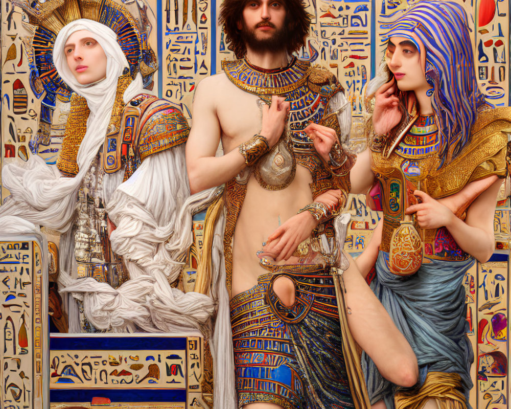 Three individuals in ancient Egyptian costumes with hieroglyph backdrop; two in royal headdresses, one shirt