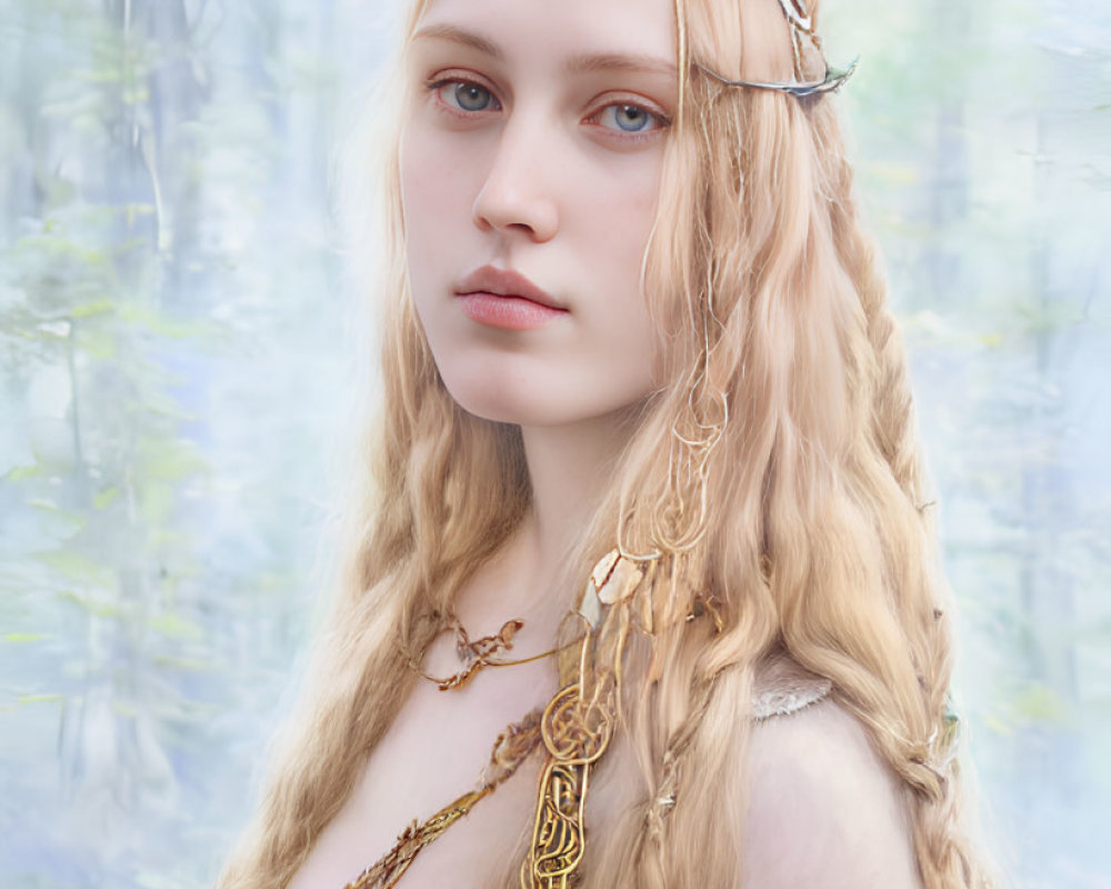 Fair-skinned woman with long blond hair and golden headpiece in misty forest.