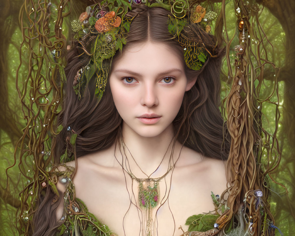 Detailed digital portrait: woman in fantasy forest theme with foliage, flowers, mystical gaze