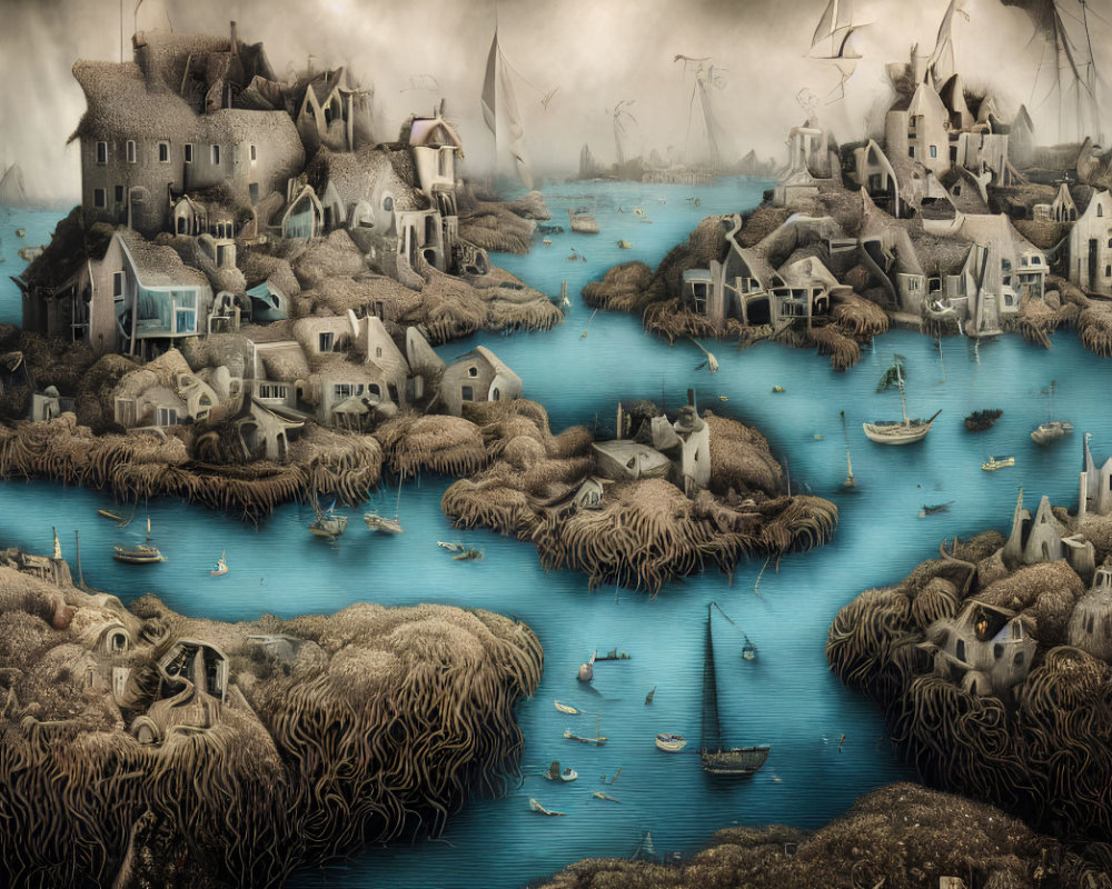 Surreal village on wave-like landforms by calm blue sea