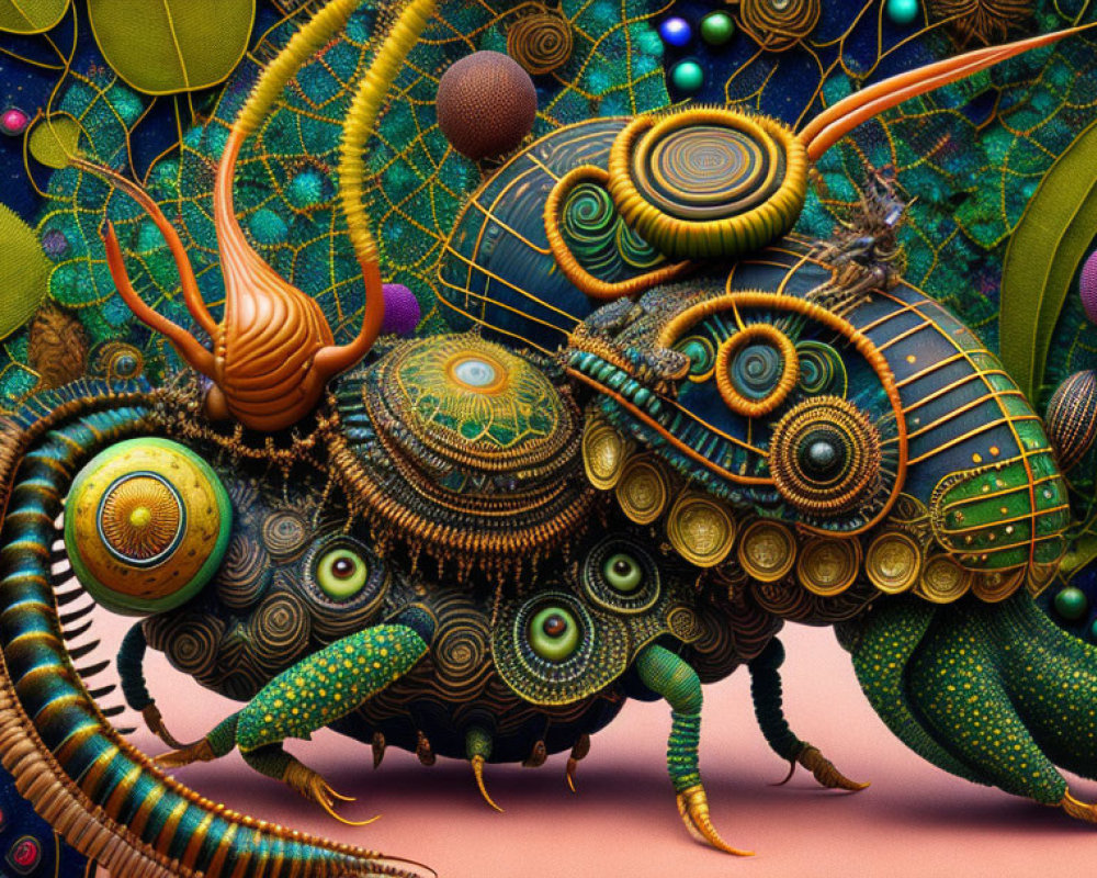 Colorful digital artwork of abstract creature with swirling patterns and textured spheres